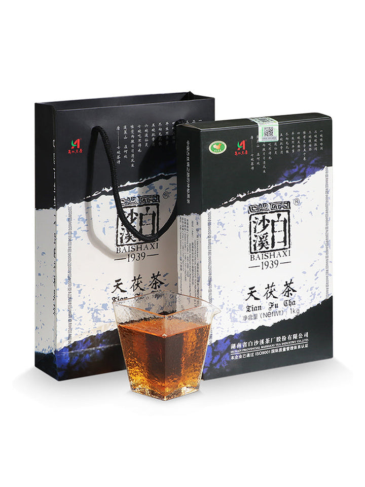 2017, 2019, 2021 BaiShaXi "Tian Fu Cha" (Golden Flower Tianjian Fucha) Brick 1000g Fu Tea. Dark Tea