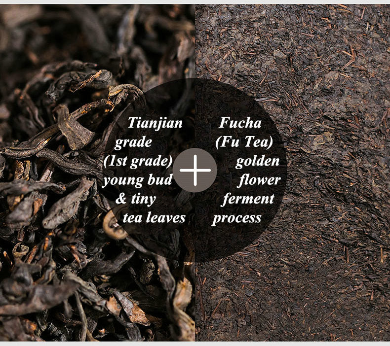 2017, 2019, 2021 BaiShaXi "Tian Fu Cha" (Golden Flower Tianjian Fucha) Brick 1000g Fu Tea. Dark Tea
