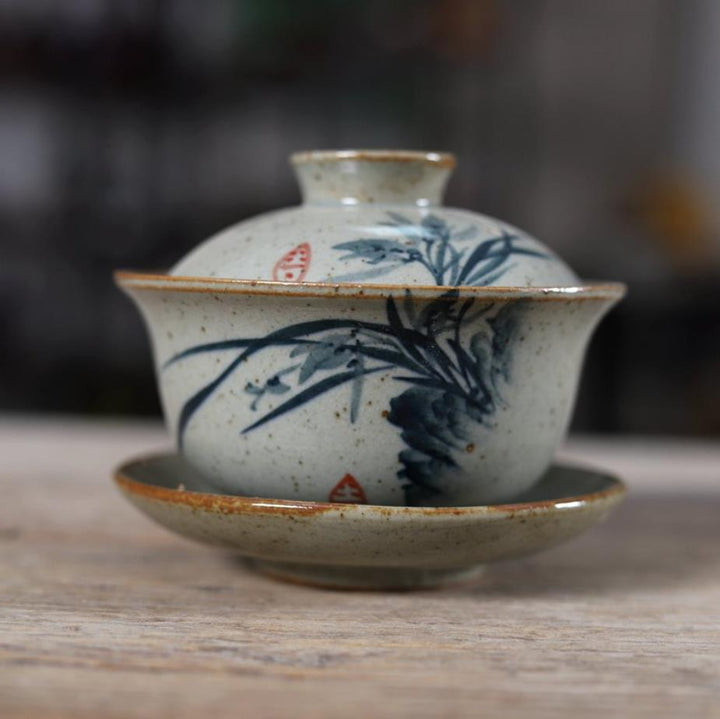 Rustic Porcelain Gaiwan, 175cc "Orchid/Bamboo", 2 Variations.
